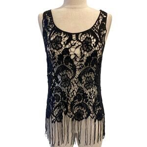 Black crochet lace fringed tank top, ladies medium open crochet floral pattern